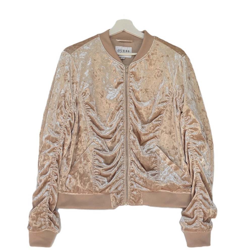 GUESS Velour Ruched Bomber Jacket Womens M Beige Full Zip Collared Y2K Soft Glam